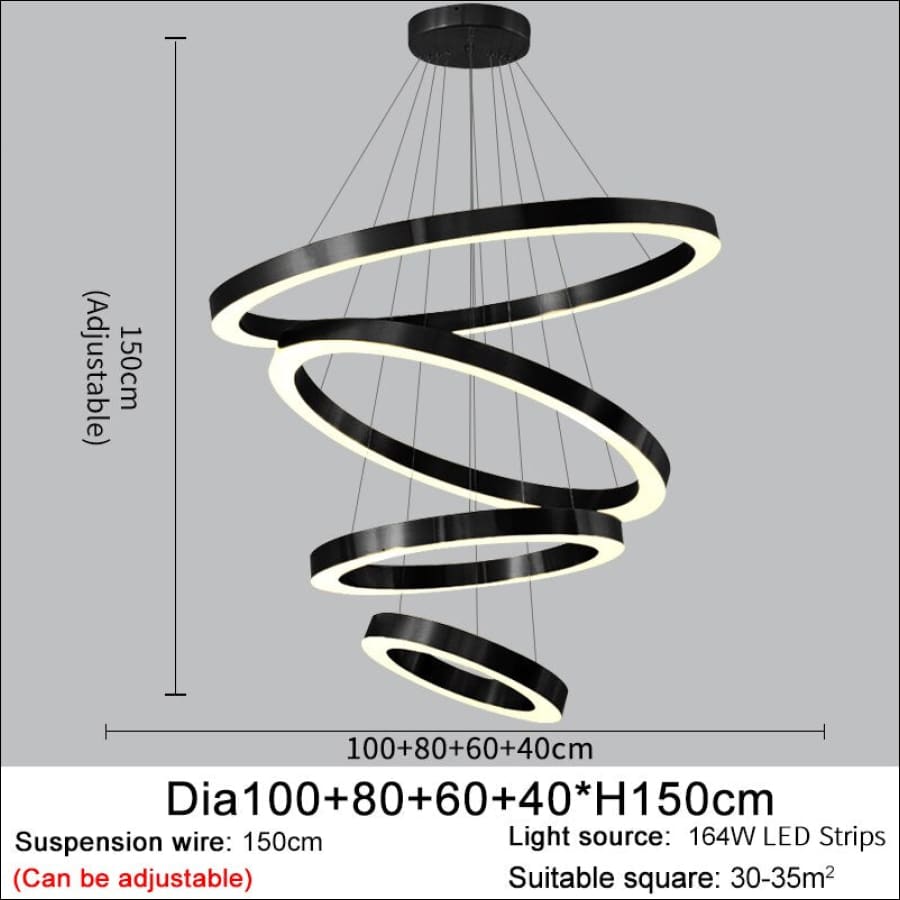 4 piece set, Black outlined LED Stainless Steel Ring Shaped Ceiling Chandelier - hausgem - united states - 120 cm height, adjustable, 164W LED Strips, 280 cm width - united states