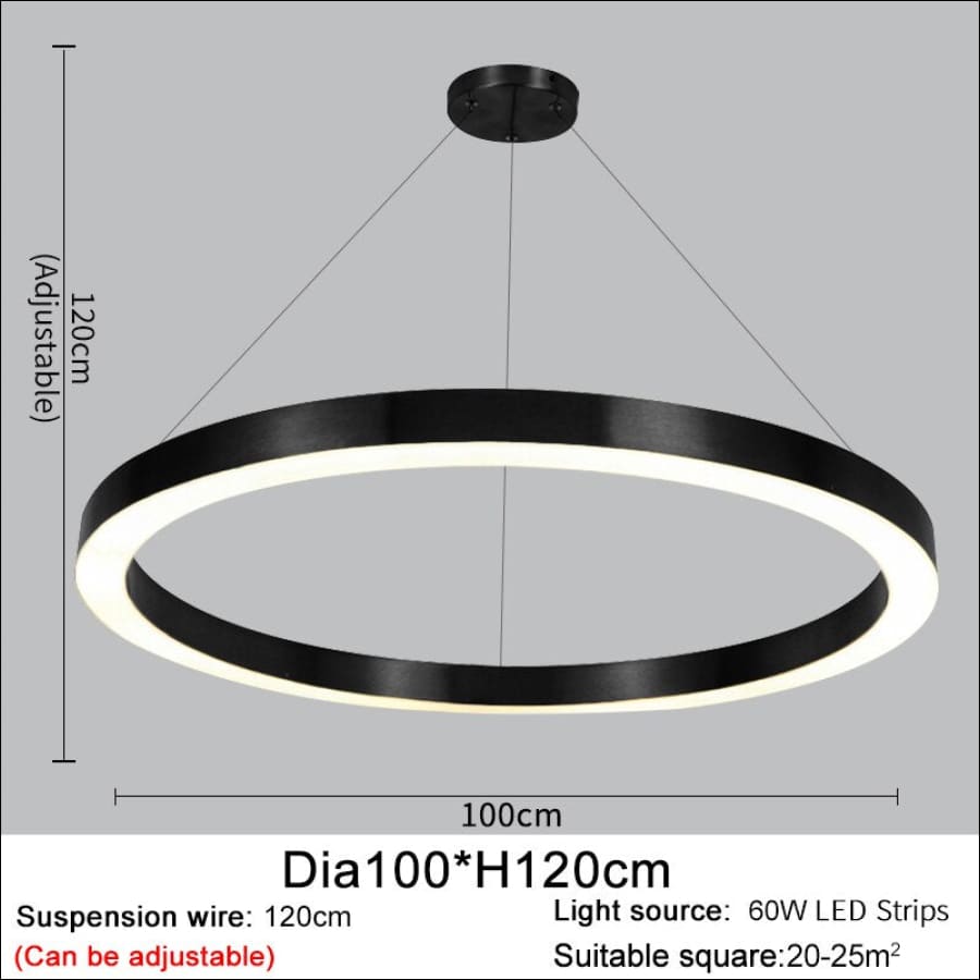 Black outlined LED Stainless Steel Ring Shaped Ceiling Chandelier - hausgem - united states - 120 cm height, adjustable, 60W LED Strips, 100 cm width - united states