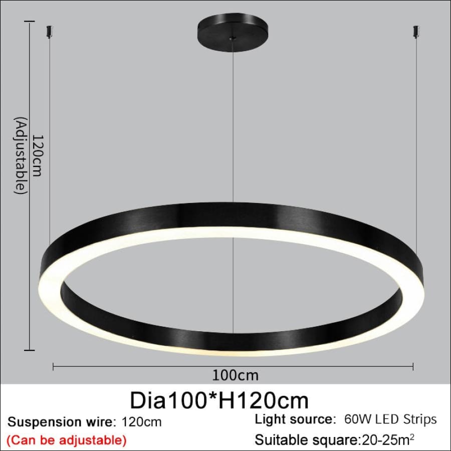 Black outlined LED Stainless Steel Ring Shaped Ceiling Chandelier - hausgem - united states - 120 cm height, adjustable, 60W LED Strips, 100 cm width - united states