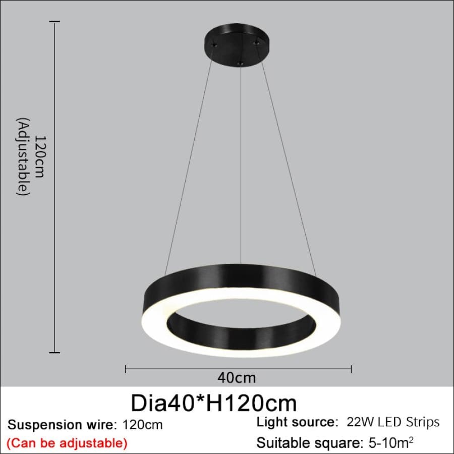 Black outlined LED Stainless Steel Ring Shaped Ceiling Chandelier - hausgem - united states - 120 cm height, adjustable, 22W LED Strips, 40 cm width - united states