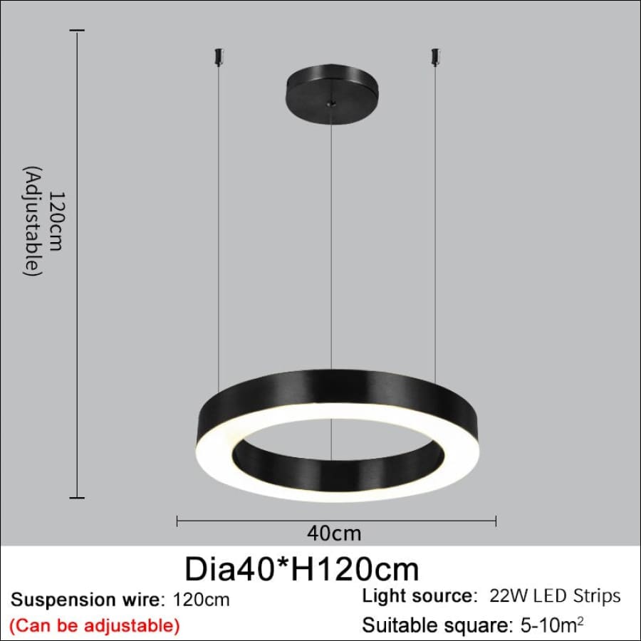 Black outlined LED Stainless Steel Ring Shaped Ceiling Chandelier - hausgem - united states - 120 cm height, adjustable, 22W LED Strips, 40 cm width - united states