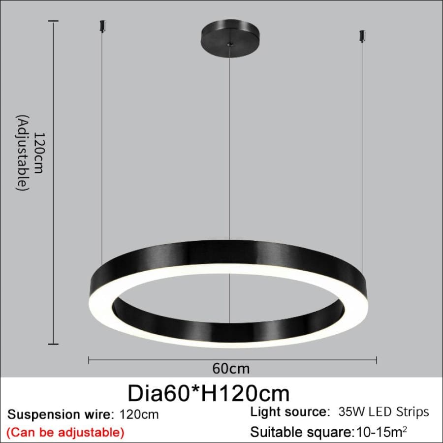 Black outlined LED Stainless Steel Ring Shaped Ceiling Chandelier - hausgem - united states - 120 cm height, adjustable, 35W LED Strips. 60cm width - united states