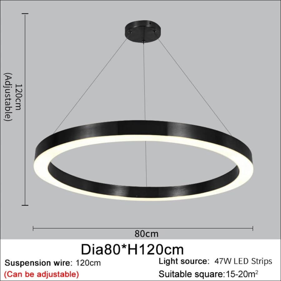 Black outlined LED Stainless Steel Ring Shaped Ceiling Chandelier - hausgem - united states - 120 cm height, adjustable, 47W LED Strips, 80 cm width - united states 