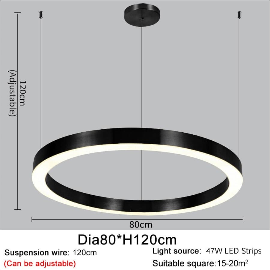 Black outlined LED Stainless Steel Ring Shaped Ceiling Chandelier - hausgem - united states - 120 cm height, adjustable, 47W LED Strips, 80 cm width - united states