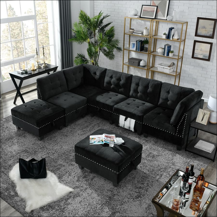 Black Velvet Modular Sectional Couch with Chair Ottoman Living Room Furniture Set