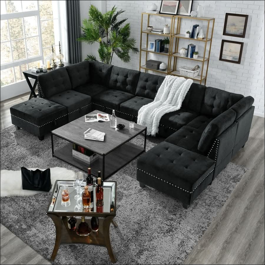 sofa - Black Velvet Modular Sectional Couch with Chair and Ottoman - hausgem