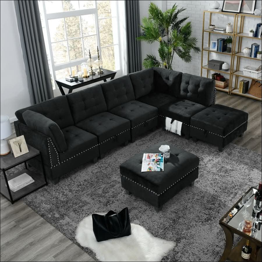 sofa - Black Velvet Modular Sectional Couch with Chair and Ottoman - hausgem