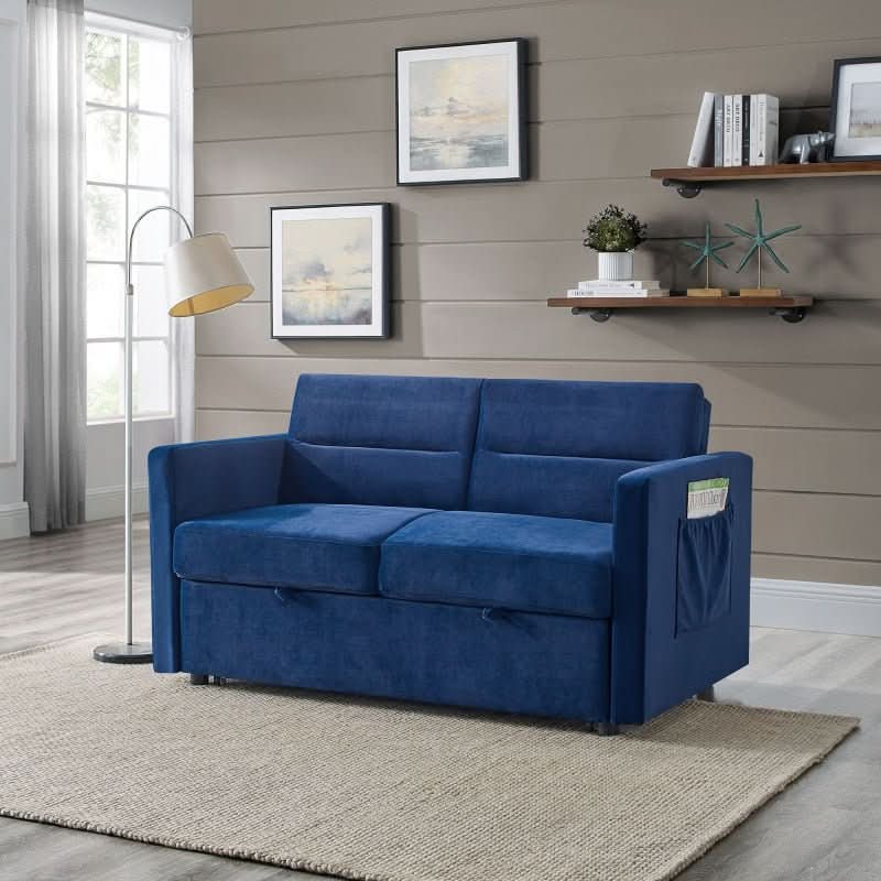 sofa - Blue Chenille Pull - out Sofa Bed Couch - hausgem