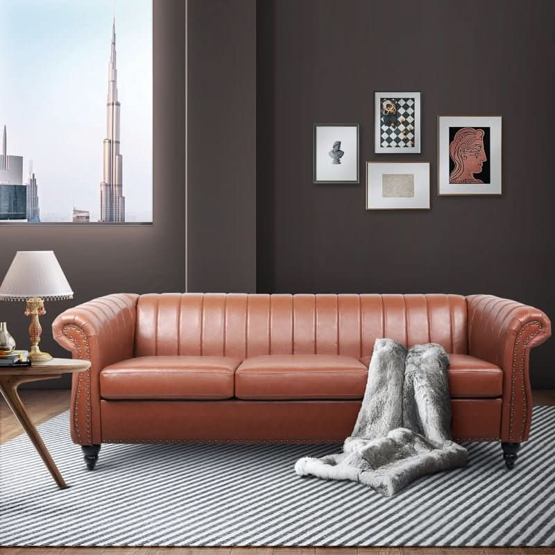 sofa - Brown Faux Leather scrolled Arm Chesterfield Three Seater Sofa Couch - hausgem