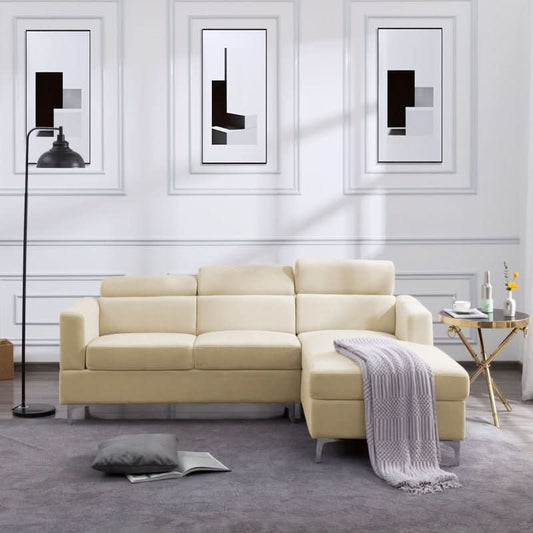 - Classic Cream Velvet Upholstered L Shaped Sectional Sofa Couch - hausgem