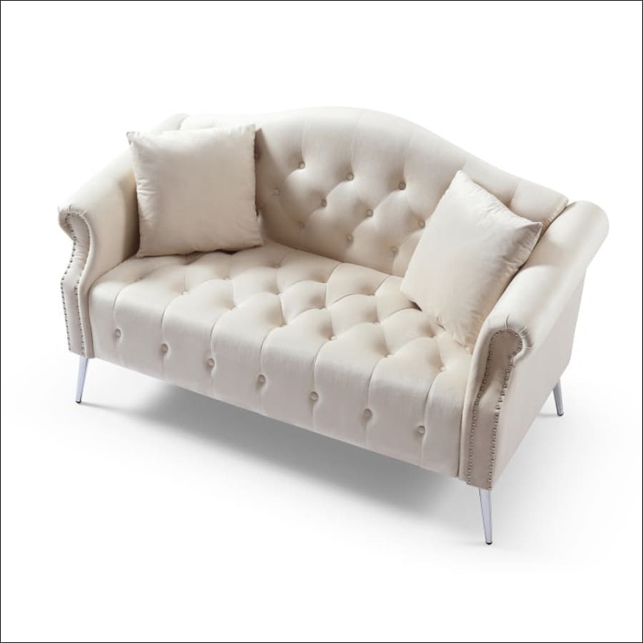 Cream Chesterfield Couch Loveseat with Trimmed Curved - scrolled arms - tufted couch with silver hardware - hausgem - united states