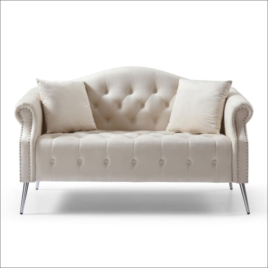 Cream Chesterfield Couch Loveseat with Trimmed Curved - scrolled arms - tufted couch with silver hardware - hausgem - united states