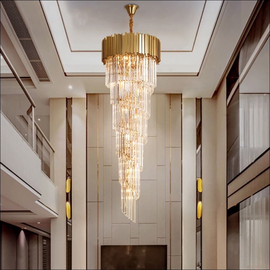 Crystal Waterfall Chandelier - 50WxH160CM / Warm White - dripping chandelier, dangling chandelier - Modern Spiral Chandelier Staircase Duplex Loft - crystal chandelier, bedroom chandelier, dining room chandelier, kitchen chandelier, living room chandelier, modern chandelier, unique chandelier - hausgem - united states - gold