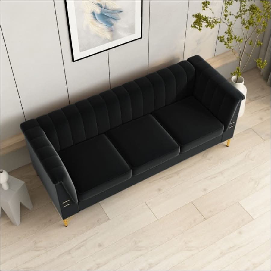 sofa - Elegant Black Velvet Tufted Sofa Couch with Gold Metal Legs - hausgem