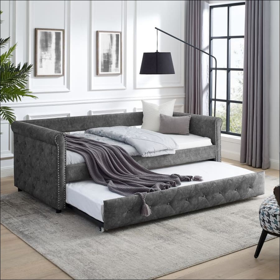 Grey Trundle Upholstered Tufted Sofa Bed - hausgem