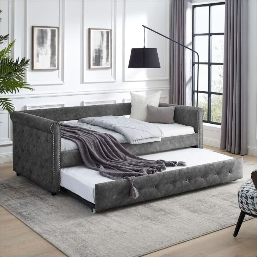 sofa - Grey Trundle Upholstered Tufted Sofa Bed - hausgem