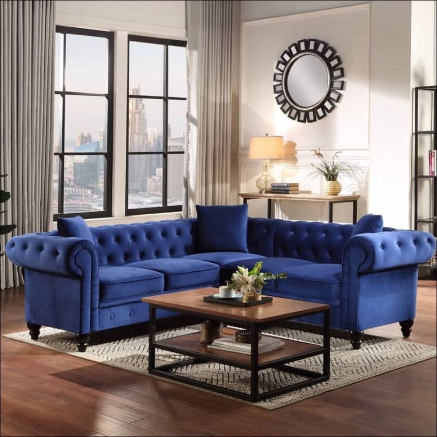 sofa - Modern Blue Velvet, Chesterfield Tufted Plush Sectional Couch - hausgem
