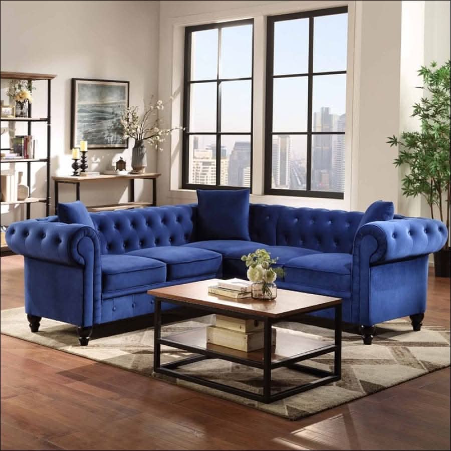 sofa - Modern Blue Velvet, Chesterfield Tufted Plush Sectional Couch - hausgem