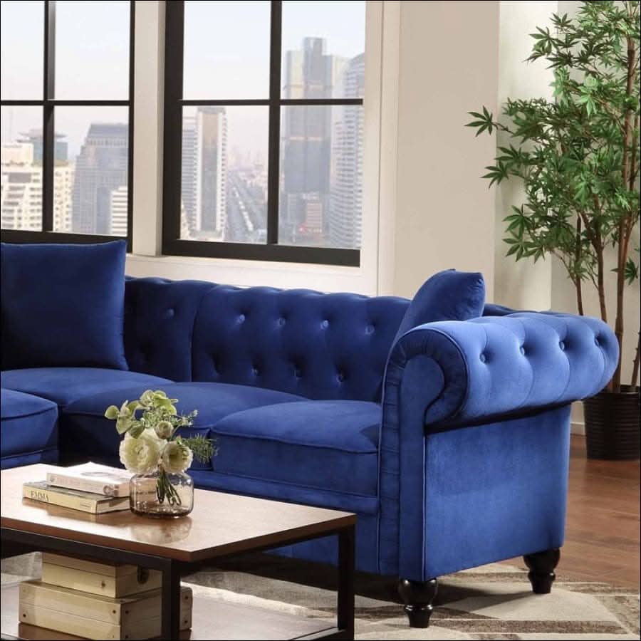 sofa - Modern Blue Velvet, Chesterfield Tufted Plush Sectional Couch - hausgem