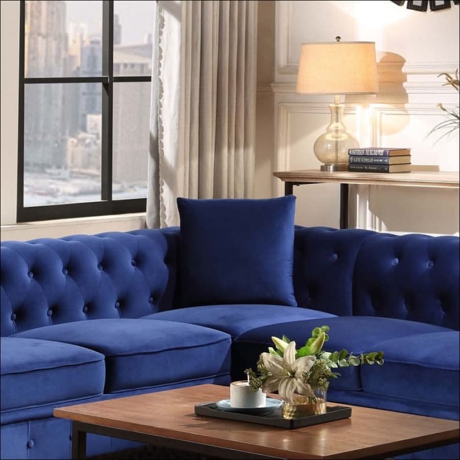 sofa - Modern Blue Velvet, Chesterfield Tufted Plush Sectional Couch - hausgem