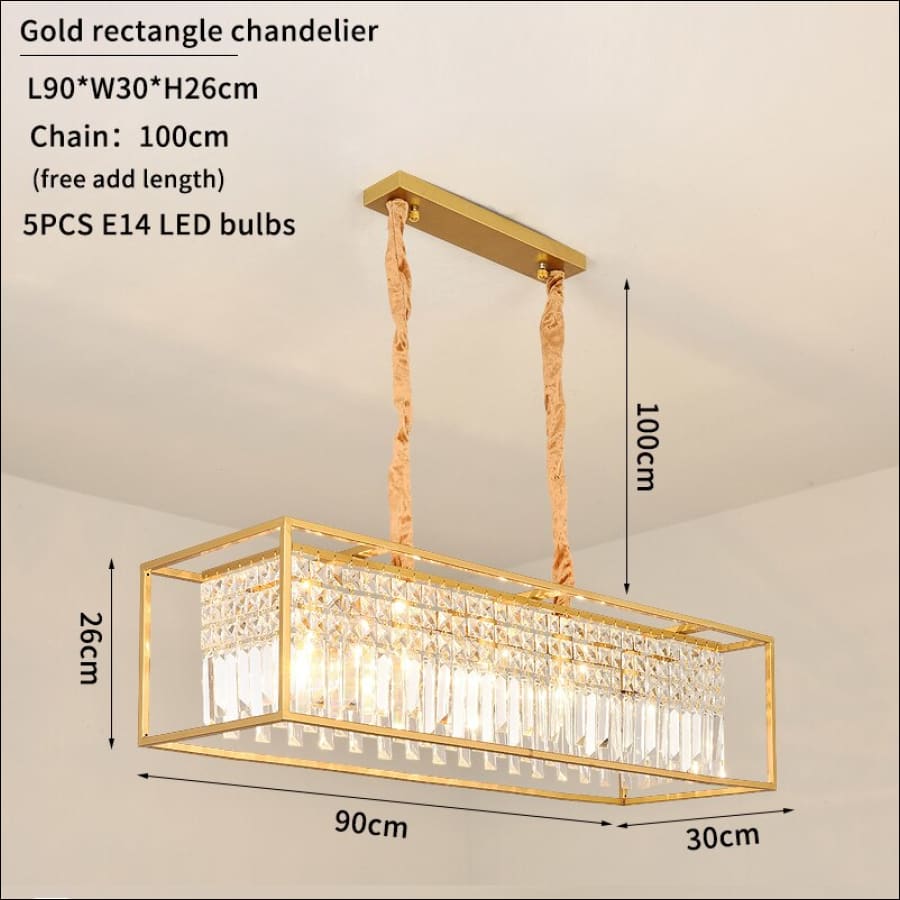 gold rim rectangle Caged Light Chandelier- Kitchen Island Crystal Chandelier - hausgem - united states - measurement