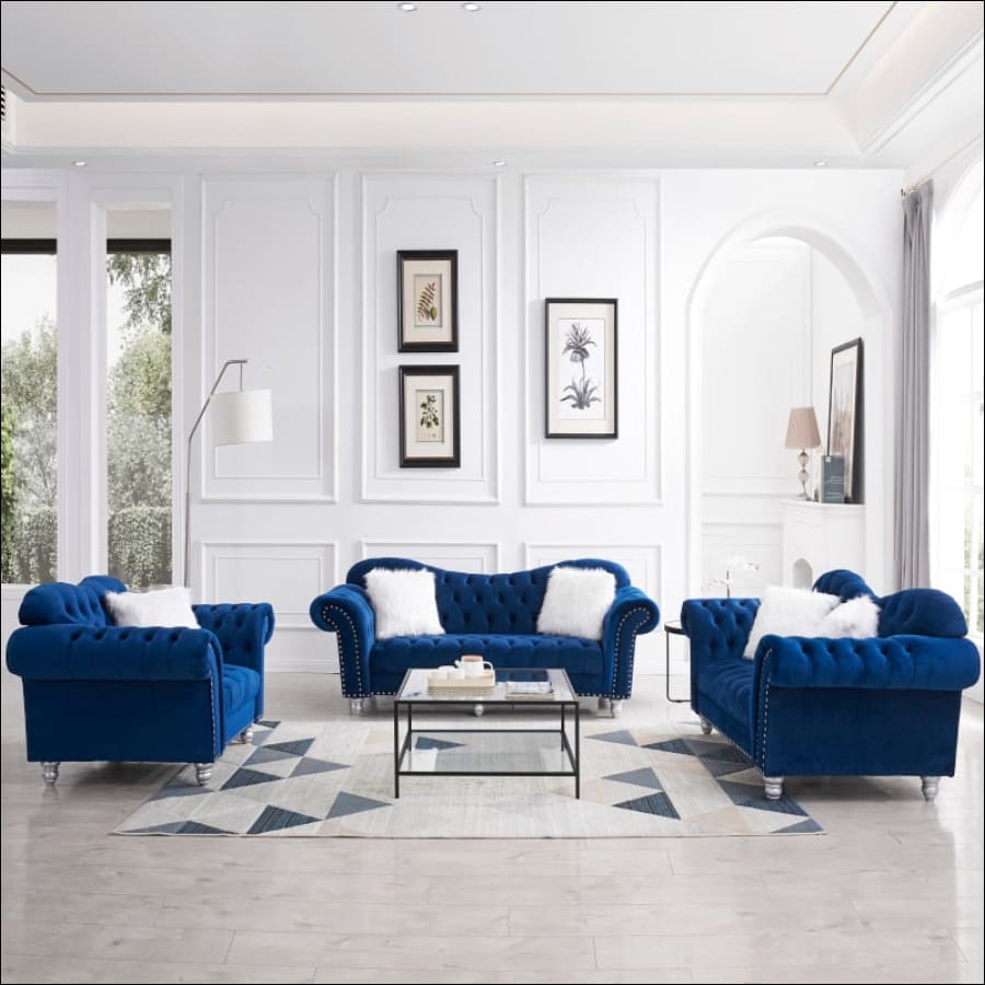 Opulent Art Deco Blue Velvet Sofa Set (3 Pieces) - hausgem