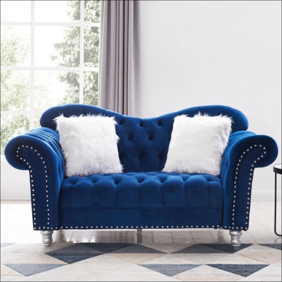 sofa - Opulent Art Deco Blue Velvet Sofa Set (3 Pieces) - hausgem