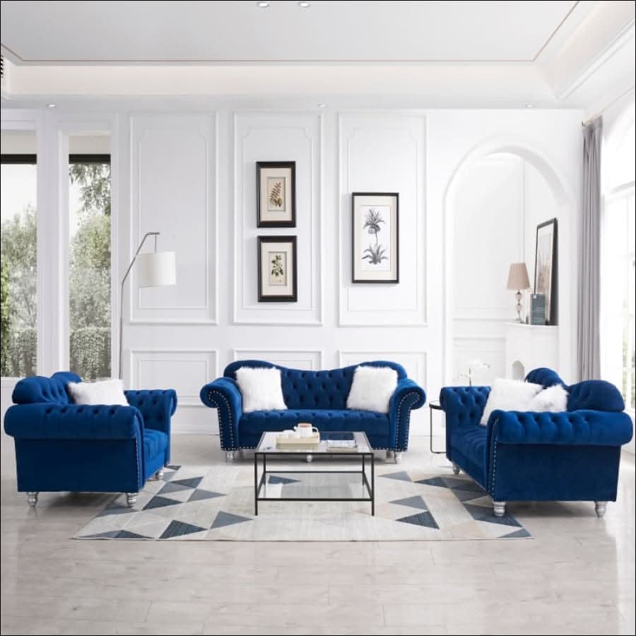 sofa - Opulent Art Deco Blue Velvet Sofa Set (3 Pieces) - hausgem