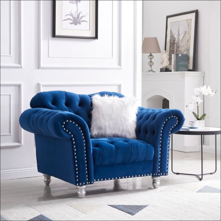 sofa - Opulent Art Deco Blue Velvet Sofa Set (3 Pieces) - hausgem