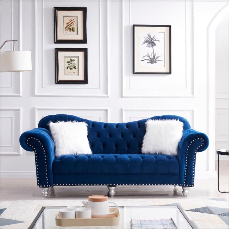 sofa - Opulent Art Deco Blue Velvet Sofa Set (3 Pieces) - hausgem
