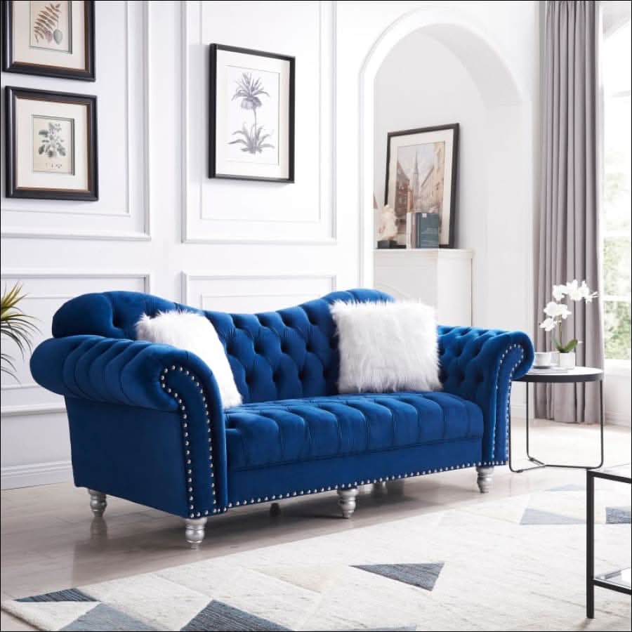 sofa - Opulent Art Deco Blue Velvet Sofa Set (3 Pieces) - hausgem