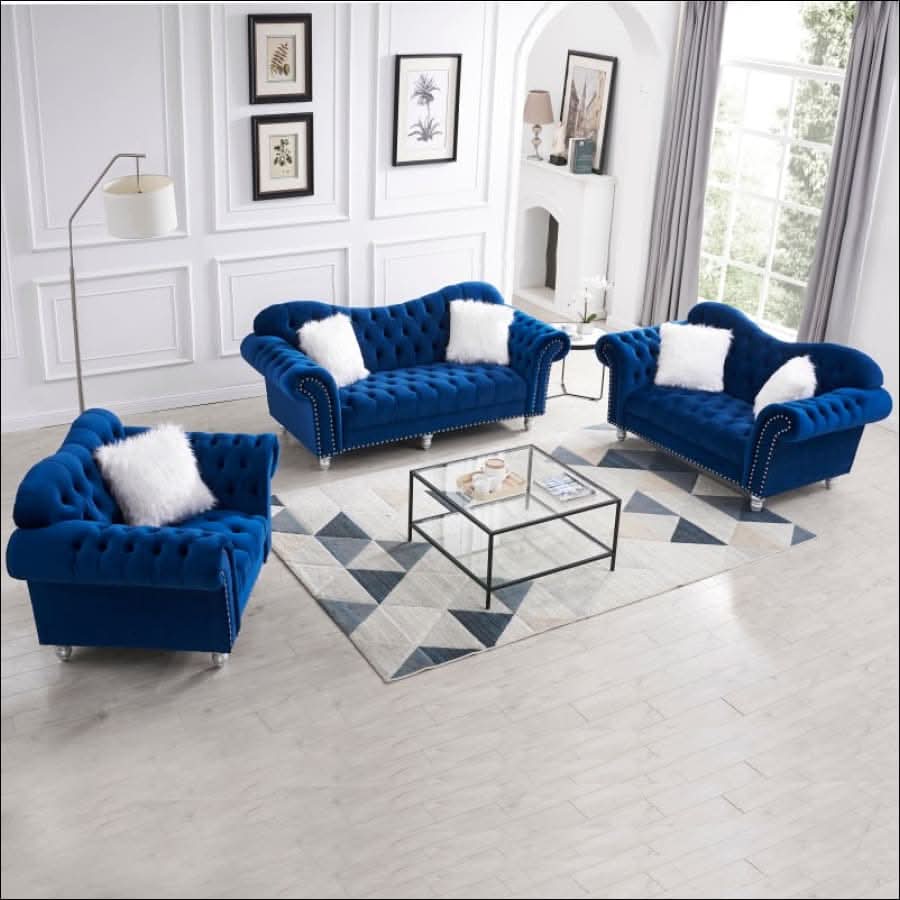 sofa - Opulent Art Deco Blue Velvet Sofa Set (3 Pieces) - hausgem