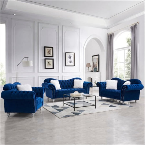 sofa - Opulent Art Deco Blue Velvet Sofa Set (3 Pieces) - hausgem