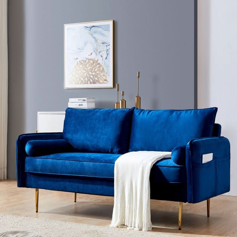 sofa - Three Piece Royal Blue Velvet Fabric Sofa Couch with Side Pockets - hausgem